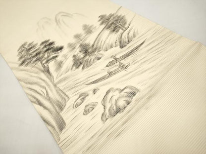平和屋着物＊夏物　九寸名古屋帯　手描き　人物風景文　正絹　逸品　CABI8417tx