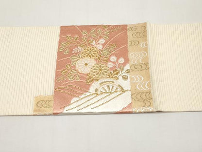 平和屋着物＊夏物　九寸名古屋帯　唐織　流水枝花文　金糸　正絹　逸品　CABI8421tx
