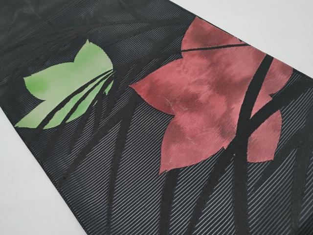 平和屋着物＊夏物　九寸開き名古屋帯　すすき　舞花文　黒地　正絹　逸品　CABI8452tx