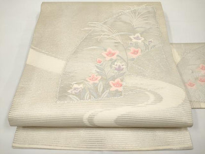 平和屋着物＊夏物　九寸名古屋帯　扇面草花文　銀糸　正絹　逸品　CABI8457tx