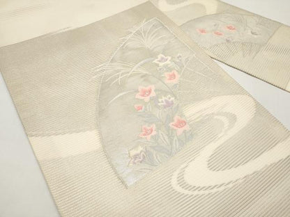 平和屋着物＊夏物　九寸名古屋帯　扇面草花文　銀糸　正絹　逸品　CABI8457tx