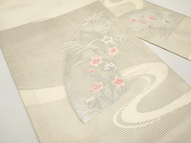 平和屋着物＊夏物　九寸名古屋帯　扇面草花文　銀糸　正絹　逸品　CABI8457tx