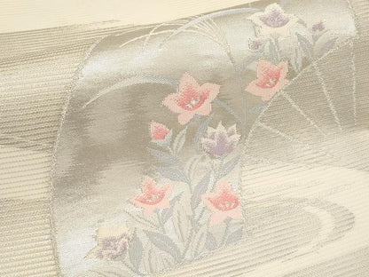 平和屋着物＊夏物　九寸名古屋帯　扇面草花文　銀糸　正絹　逸品　CABI8457tx