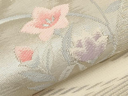 平和屋着物＊夏物　九寸名古屋帯　扇面草花文　銀糸　正絹　逸品　CABI8457tx