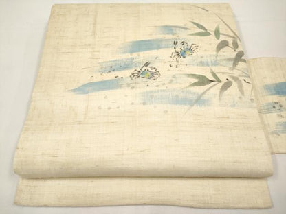 平和屋着物＊夏物　九寸名古屋帯　手描き　蟹　カニ　銀彩　麻　逸品　CABI8469tx