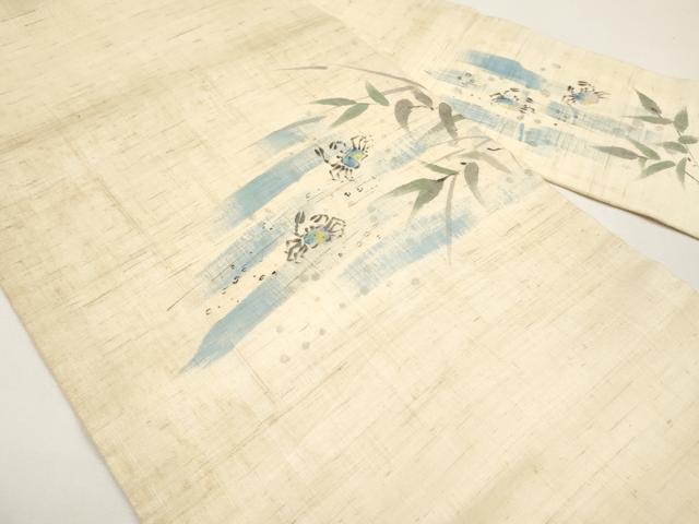 平和屋着物＊夏物　九寸名古屋帯　手描き　蟹　カニ　銀彩　麻　逸品　CABI8469tx