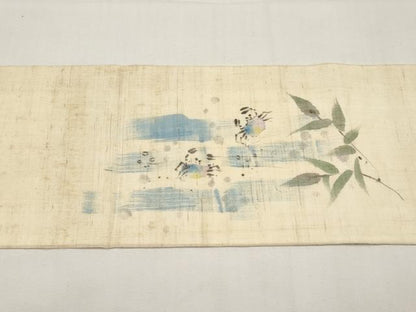 平和屋着物＊夏物　九寸名古屋帯　手描き　蟹　カニ　銀彩　麻　逸品　CABI8469tx