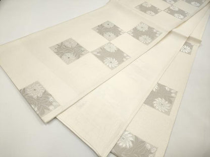 平和屋着物＊夏物　六通柄袋帯　色紙枝花文　銀糸　正絹　逸品　CABI8471tx