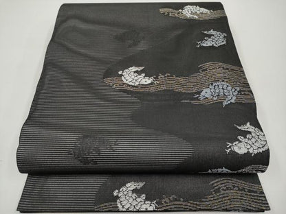 平和屋着物＊夏物　六通柄袋帯　荒磯　黒地　金銀糸　正絹　逸品　CABI8472tx