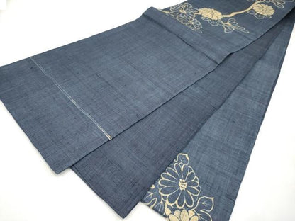 平和屋着物＊夏物　太鼓柄袋帯　藍　枝菊文　麻　逸品　CABI8478tx