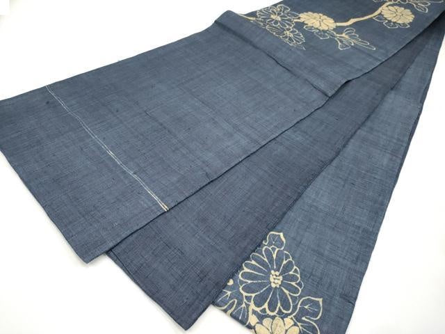 平和屋着物＊夏物　太鼓柄袋帯　藍　枝菊文　麻　逸品　CABI8478tx