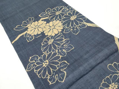 平和屋着物＊夏物　太鼓柄袋帯　藍　枝菊文　麻　逸品　CABI8478tx