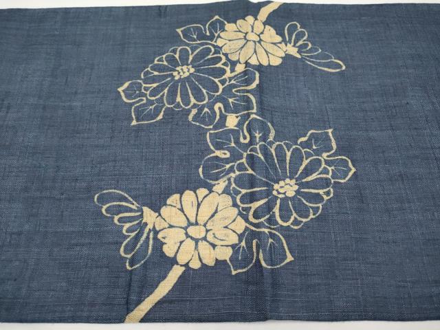 平和屋着物＊夏物　太鼓柄袋帯　藍　枝菊文　麻　逸品　CABI8478tx