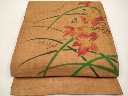 平和屋着物＊夏物　太鼓柄袋帯　手描き　葡萄蔦の葉文　麻　逸品　未使用　CABI8485tx