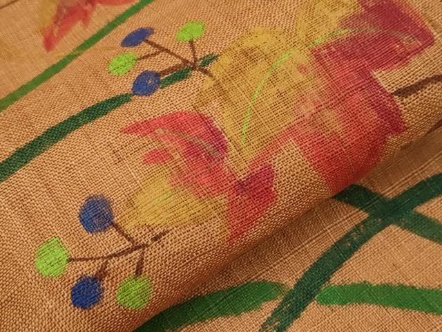 平和屋着物＊夏物　太鼓柄袋帯　手描き　葡萄蔦の葉文　麻　逸品　未使用　CABI8485tx