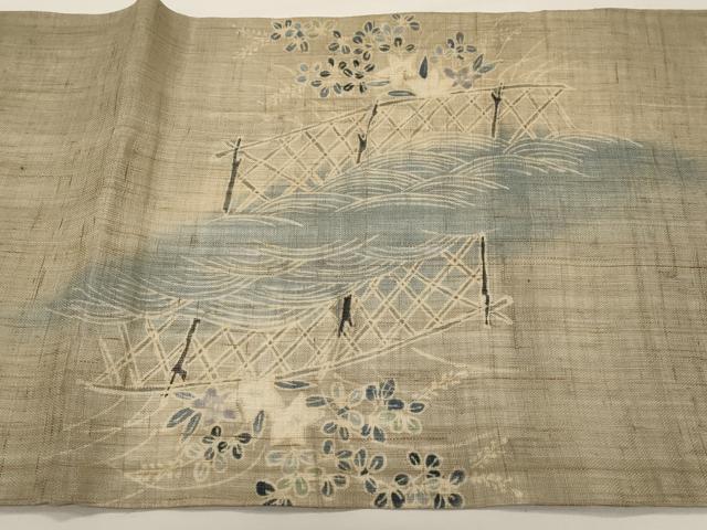 平和屋着物＊夏物　九寸開き名古屋帯　流水籬枝花文　麻　逸品　CABI8508tx