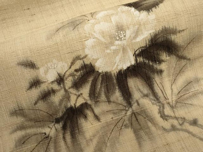 平和屋着物＊夏物　九寸名古屋帯　作家物　手描き　紬地　牡丹　正絹　逸品　CABI8509tx