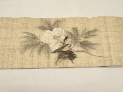平和屋着物＊夏物　九寸名古屋帯　作家物　手描き　紬地　牡丹　正絹　逸品　CABI8509tx