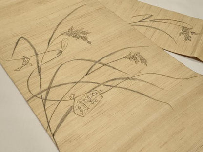平和屋着物＊夏物　九寸名古屋帯　手描き　絵馬　稲穂　麻　逸品　CABI8510tx