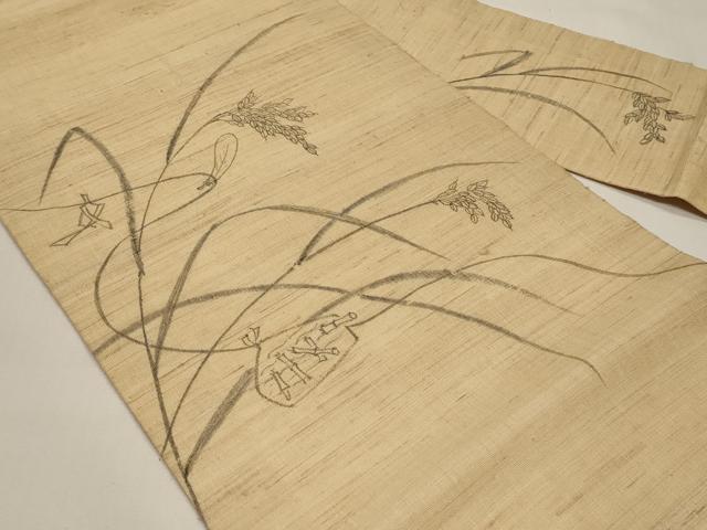 平和屋着物＊夏物　九寸名古屋帯　手描き　絵馬　稲穂　麻　逸品　CABI8510tx