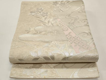 平和屋着物＊夏物　六通柄袋帯　霞枝花文　銀糸　正絹　逸品　CABI8512tx