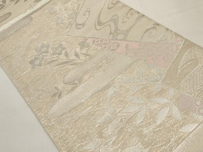 平和屋着物＊夏物　六通柄袋帯　霞枝花文　銀糸　正絹　逸品　CABI8512tx