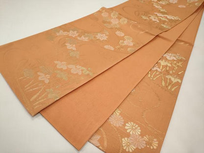 平和屋着物＊夏物　六通柄袋帯　流水草花文　金糸　正絹　逸品　CABI8515tx
