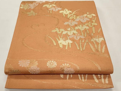 平和屋着物＊夏物　六通柄袋帯　流水草花文　金糸　正絹　逸品　CABI8515tx