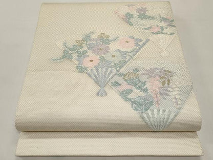 平和屋着物＊夏物　太鼓柄袋帯　扇面草花文　金糸　正絹　逸品　未使用　CABI8524tx