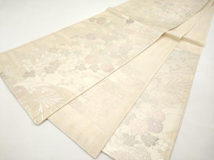 平和屋着物＊夏物　六通柄袋帯　秋草文　銀糸　正絹　逸品　CABI8541tx
