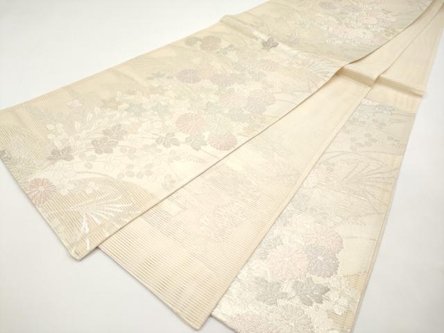 平和屋着物＊夏物　六通柄袋帯　秋草文　銀糸　正絹　逸品　CABI8541tx