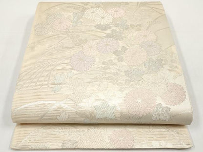 平和屋着物＊夏物　六通柄袋帯　秋草文　銀糸　正絹　逸品　CABI8541tx