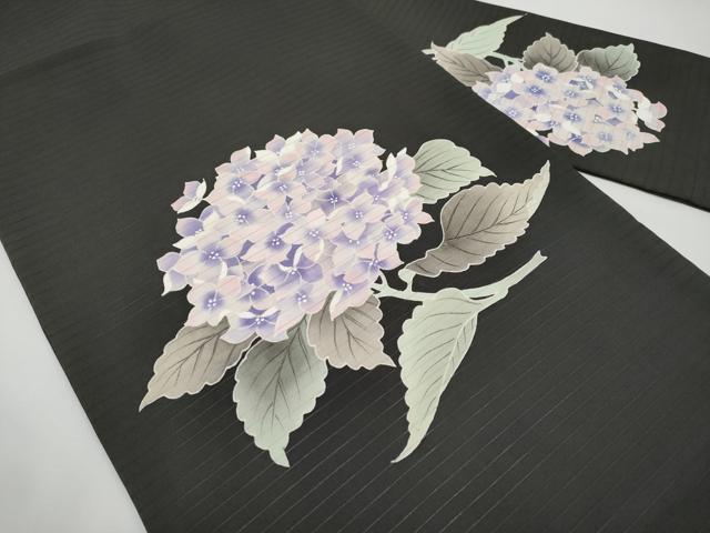 平和屋着物＊夏物　絽塩瀬　九寸名古屋帯　手描き　紫陽花　黒地　正絹　逸品　CABI8554tx