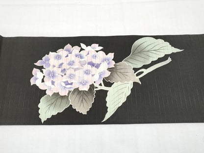 平和屋着物＊夏物　絽塩瀬　九寸名古屋帯　手描き　紫陽花　黒地　正絹　逸品　CABI8554tx