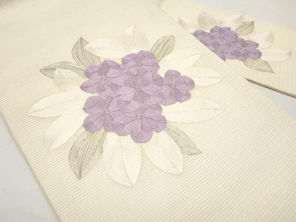 平和屋着物＊夏物　九寸名古屋帯　総刺繍　駒刺繍　草花文　正絹　逸品　CABI8563tx