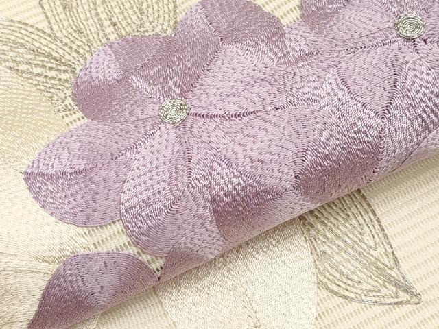 平和屋着物＊夏物　九寸名古屋帯　総刺繍　駒刺繍　草花文　正絹　逸品　CABI8563tx