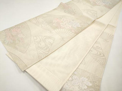 平和屋着物＊夏物　六通柄袋帯　扇面流水草花文　銀糸　正絹　逸品　CABI8584tx