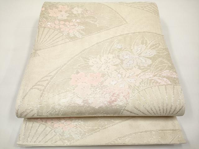 平和屋着物＊夏物　六通柄袋帯　扇面流水草花文　銀糸　正絹　逸品　CABI8584tx