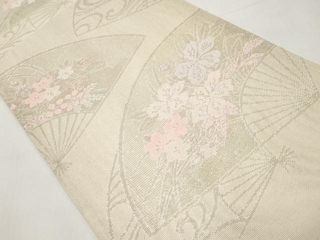平和屋着物＊夏物　六通柄袋帯　扇面流水草花文　銀糸　正絹　逸品　CABI8584tx