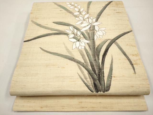 平和屋着物＊夏物　九寸開き名古屋帯　手描き　草花文　麻　逸品　CABI8594tx