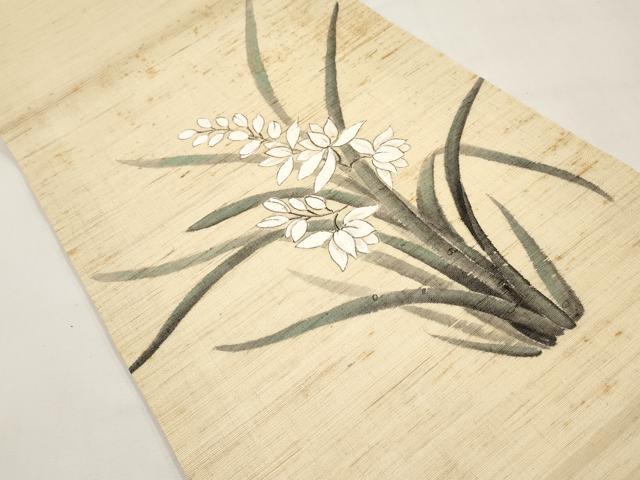 平和屋着物＊夏物　九寸開き名古屋帯　手描き　草花文　麻　逸品　CABI8594tx