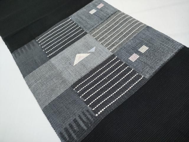 平和屋着物＊夏物　八寸名古屋帯　色紙抽象文　黒地　正絹　逸品　CABI8600tx