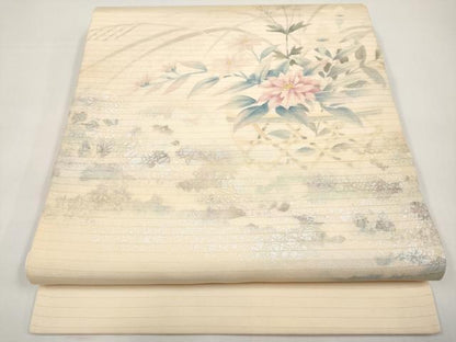 平和屋着物＊夏物　絽塩瀬　九寸開き名古屋帯　手描き　籬草花文　銀彩　正絹　逸品　CABI8606tx
