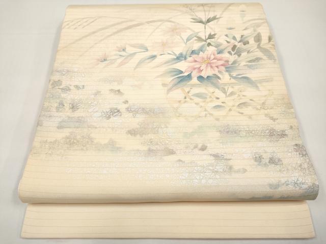 平和屋着物＊夏物　絽塩瀬　九寸開き名古屋帯　手描き　籬草花文　銀彩　正絹　逸品　CABI8606tx