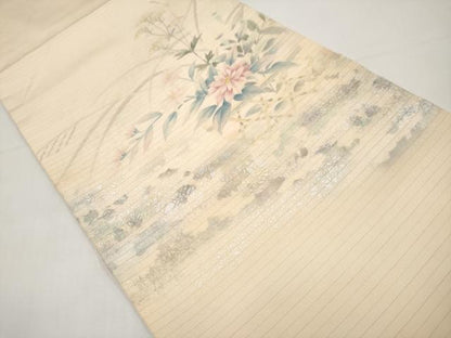 平和屋着物＊夏物　絽塩瀬　九寸開き名古屋帯　手描き　籬草花文　銀彩　正絹　逸品　CABI8606tx