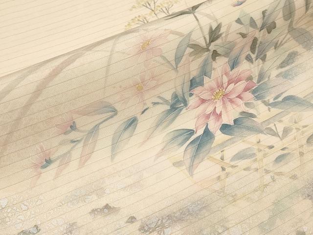 平和屋着物＊夏物　絽塩瀬　九寸開き名古屋帯　手描き　籬草花文　銀彩　正絹　逸品　CABI8606tx