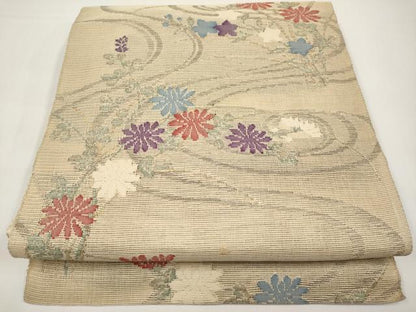 平和屋着物＊夏物　八寸名古屋帯　流水草花文　金糸　正絹　逸品　CABI8608tx