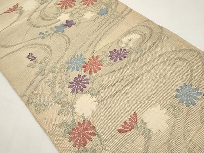 平和屋着物＊夏物　八寸名古屋帯　流水草花文　金糸　正絹　逸品　CABI8608tx