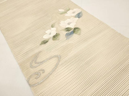 平和屋着物＊夏物　八寸名古屋帯　絽綴れ　流水草花文　銀糸　正絹　逸品　CABI8609tx