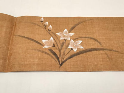 平和屋着物＊夏物　九寸名古屋帯　手描き　桔梗　麻　逸品　CABI8612tx